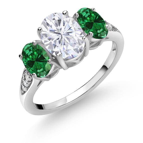 Gem Stone King 10K White Gold White Moissanite Green Created Emerald and White Lab Grown Diamond 3 Stone Engagement Ring for Women (2.24 Cttw, Gemstone Birthstone, Available in Size 5, 6, 7, 8, 9)