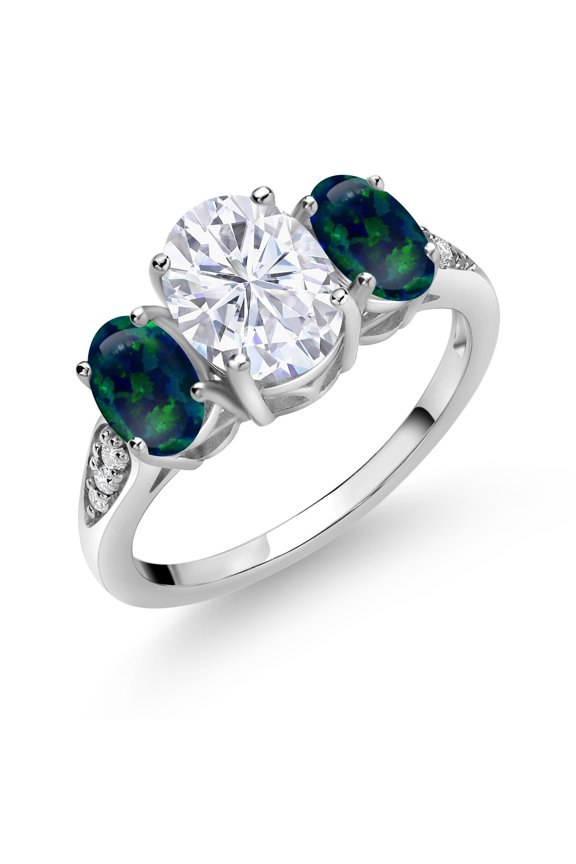 10K White Gold White Moissanite Green Simulated Opal and White Lab Grown Diamond 3 Stone Engagement Ring for Women (2.54 Cttw, Gemstone Birthstone, Available in Size 5, 6, 7, 8, 9)