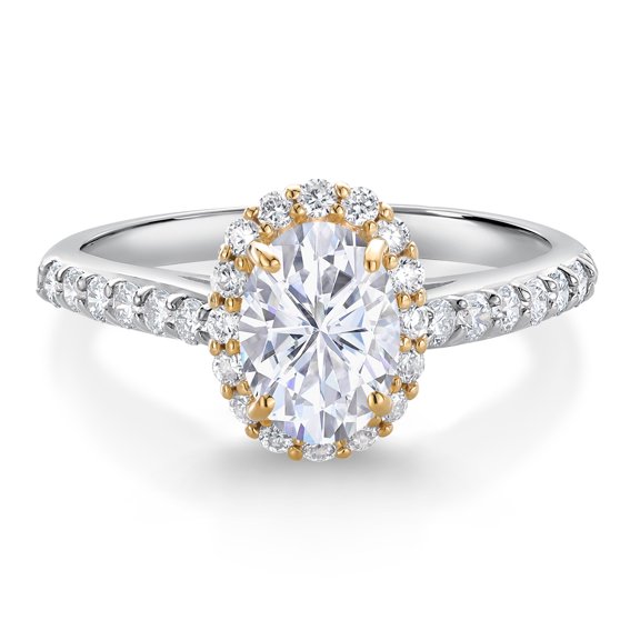 Gem Stone King 10K White Gold White Moissanite Lab Grown Diamond Halo Engagement Ring for Women (1.21 Cttw, Oval 7X5MM, Gemstone, Size 5)