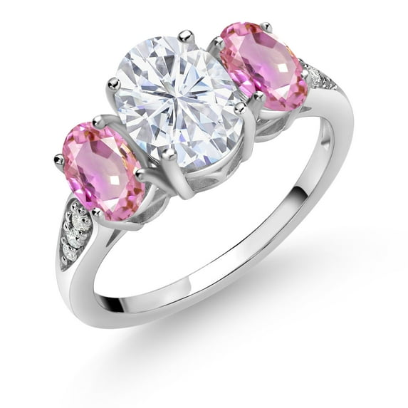Gem Stone King 10K White Gold White Moissanite Pink Sapphire and White Lab Grown Diamond 3 Stone Engagement Ring for Women (2.74 Cttw, Gemstone Birthstone, Available in Size 5, 6, 7, 8, 9)