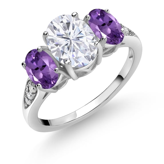 Gem Stone King 10K White Gold White Moissanite Purple Amethyst and White Lab Grown Diamond 3 Stone Engagement Ring for Women (2.44 Cttw, Gemstone Birthstone, Available in Size 5, 6, 7, 8, 9)
