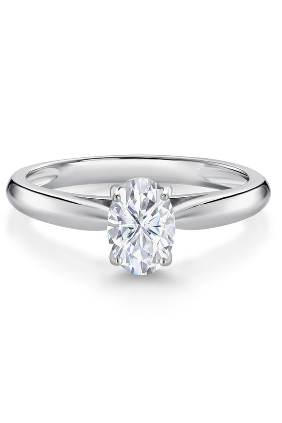10K White Gold White Moissanite Solitaire Engagement Ring for Women (0.90 Cttw, Oval 7X5MM, Gemstone Birthstone, Size 6)