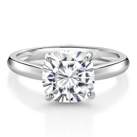 Gem Stone King 10K White Gold White Moissanite Solitaire Engagement Ring for Women (2.40 Cttw, Cushion 8MM, Gemstone Birthstone, Size 9)