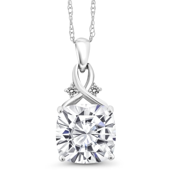 Gem Stone King 10K White Gold White Moissanite and White Diamond Pendant Necklace for Women (5.06 Cttw, Gemstone, Cushion Cut 10MM, with 18 inch Chain)