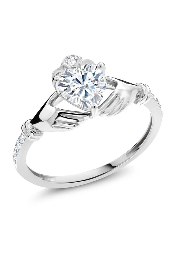10K White Gold White Moissanite and White Diamond Solitaire Engagement Irish Celtic Claddagh Heart Shape Ring for Women (0.86 Cttw, Available in Size 5,6,7,8,9)