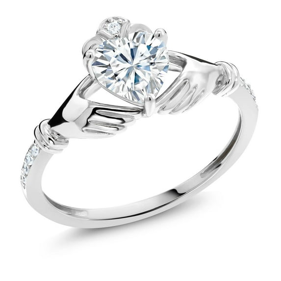 Gem Stone King 10K White Gold White Moissanite and White Diamond Solitaire Engagement Irish Celtic Claddagh Heart Shape Ring for Women (0.86 Cttw, Available in Size 5,6,7,8,9)