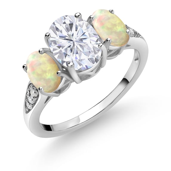 Gem Stone King 10K White Gold White Moissanite White Ethiopian Opal and White Lab Grown Diamond 3 Stone Engagement Ring for Women (2.18 Cttw, Gemstone Birthstone, Available in Size 5, 6, 7, 8, 9)