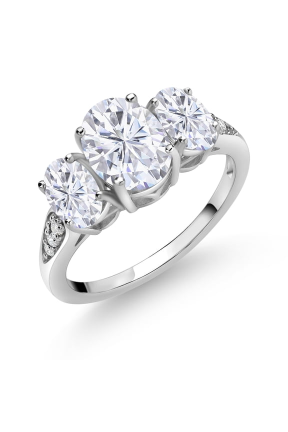 10K White Gold White Moissanite and White Lab Grown Diamond 3 Stone Engagement Ring for Women | 2.54 Cttw | Three Stone Wedding Anniversary Promise Ring for Women