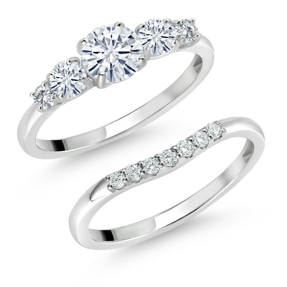 Gem Stone King 10K White Gold White Moissanite and White Lab Grown Diamond 5 Stone Bridal Engagement Wedding Ring Set for Women (0.81 Cttw, Round: 5MM and 3MM, Size 7)