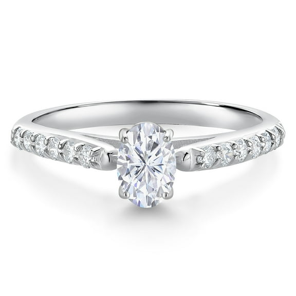Gem Stone King 10K White Gold White Moissanite and White Lab Grown Diamond Engagement Ring for Women | 0.68 Cttw | Oval 6X4MM | Wedding Engagement Anniversary Promise Ring for Women | Size 9