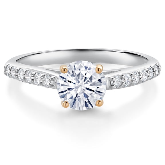 Gem Stone King 10K White Gold White Moissanite and White Lab Grown Diamond Engagement Ring for Women (0.98 Cttw, Round 6MM, Gemstone, Size 7)