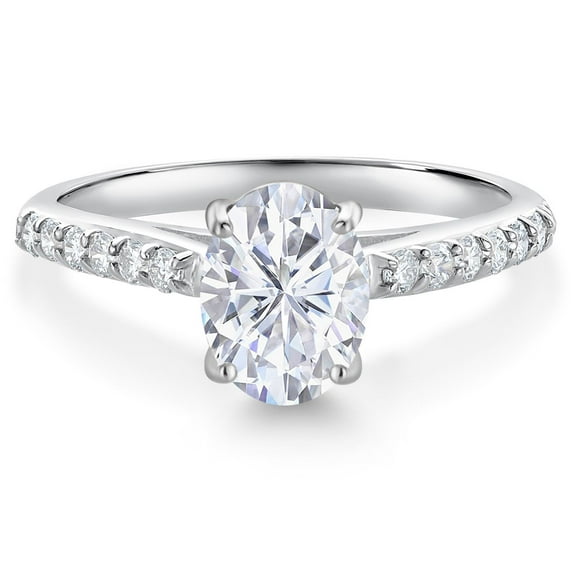 Gem Stone King 10K White Gold White Moissanite and White Lab Grown Diamond Engagement Ring for Women (1.68 Cttw, Oval 8X6MM, Gemstone Birthstone, Size 9)