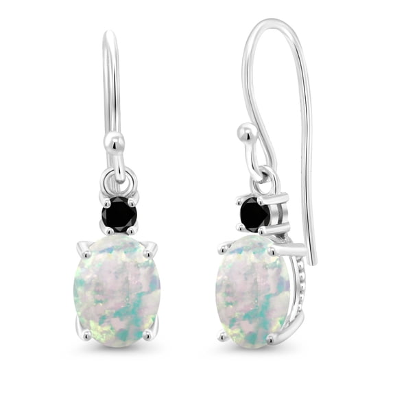 Gem Stone King 10K White Gold White Opal and Black Diamond Dangle Earrings for Women (2.23 Cttw, Gemstone Birthstone, Oval 8x6mm)