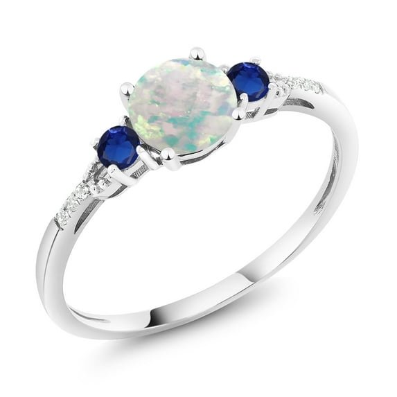 10K White Gold White Simulated Opal Blue Created Sapphire and White Diamond Accent 3-Stone Engagement Ring for Women (0.44 Cttw, Round Cabochon 6MM, Gemstone October Birthstone, Size 6)