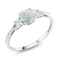thumbnail image 1 of Gem Stone King 10K White Gold White Simulated Opal Created Sapphire and Diamond Accent 3-Stone Engagement Ring for Women (0.45 Cttw, Round Cabochon 6MM, Gemstone October Birthstone), 1 of 5