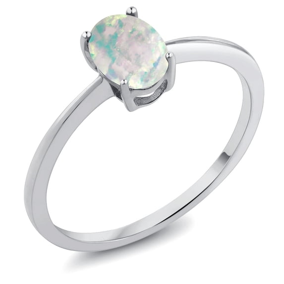 Gem Stone King 10K White Gold White Simulated Opal Solitaire Engagement Ring for Women (0.63 Cttw, Oval Cabochon 7X5MM, Gemstone October Birthstone, Size 8.5)