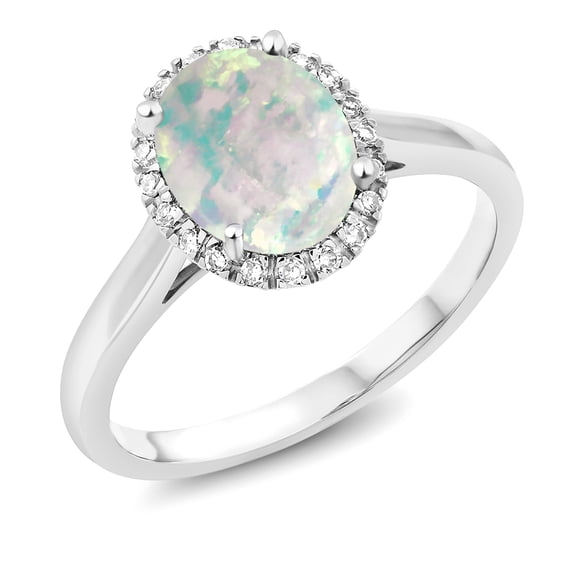 Gem Stone King 10K White Gold White Simulated Opal and Diamond Engagement Ring for Women (0.60 Cttw, Oval Cabochon 9X7MM, Size 7.5)