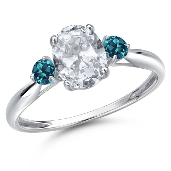 Gem Stone King 10K White Gold White Topaz and London Blue Topaz 3-Stone Ring for Women | 1.76 Cttw | Oval 8X6MM | Gemstone November Birthstone | Size 8