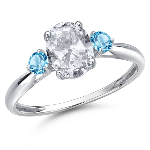 Gem Stone King 10K White Gold White Topaz and Swiss Blue Topaz 3-Stone Ring for Women | 1.80 Cttw | Oval 8X6MM | Gemstone November Birthstone | Size 7