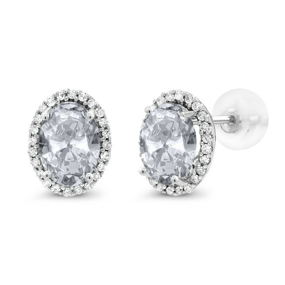 Gem Stone King 10K White Gold White Topaz and White Diamond Halo Stud Earrings for Women | 2.24 Cttw | Gemstone November Birthstone | Oval 7X5MM