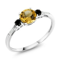 Gem Stone King 10K White Gold Yellow Citrine Black Diamond and White Diamond Accent 3-Stone Engagement Ring for Women (0.97 Cttw, Round 6MM, Gemstone November Birthstone, Size 5)
