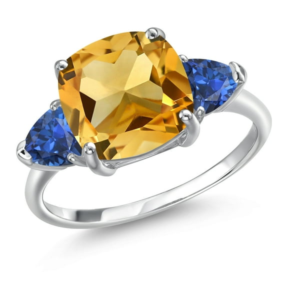Gem Stone King 10K White Gold Yellow Citrine and Blue Created Sapphire Engagement Ring for Women | 4.68 Cttw | Cushion 10MM | Gemstone November Birthstone | Size 8