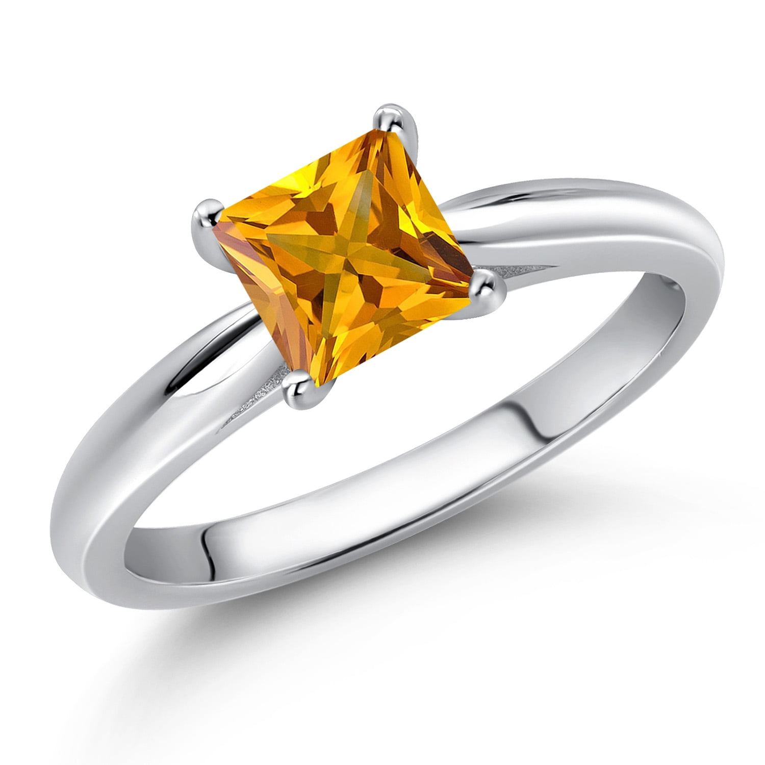 Gem Stone King 10K White Gold Yellow Citrine Engagement Ring for Women | 0.60 Cttw | Princess 5MM | Gemstone November Birthstone | Size 9