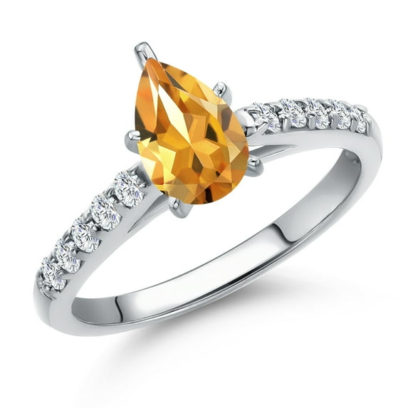 Gem Stone King 10K White Gold Yellow Citrine and Lab Grown Diamond Engagement Ring for Women | 0.93 Cttw | Pear Shape 8X5MM | Gemstone November Birthstone | Size 8