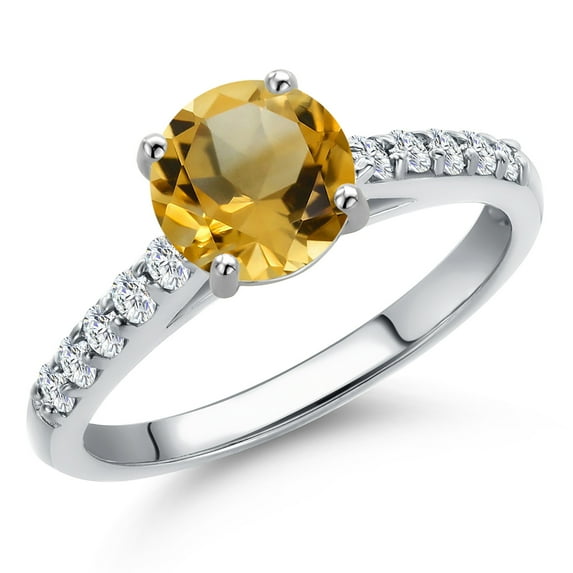 Gem Stone King 10K White Gold Yellow Citrine and Lab Grown Diamond Engagement Ring for Women | 1.50 Cttw | Round 7MM | Gemstone November Birthstone | Size 6