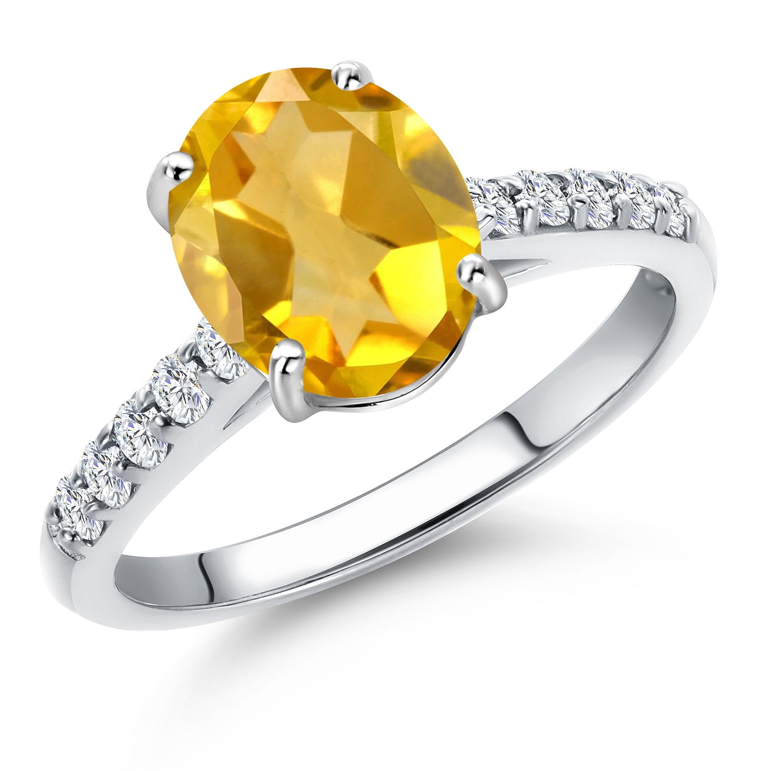 Gem Stone King 10K White Gold Yellow Citrine and Lab Grown Diamond Engagement Ring for Women | 1.70 Cttw | Oval 9X7MM | Gemstone November Birthstone | Size 8