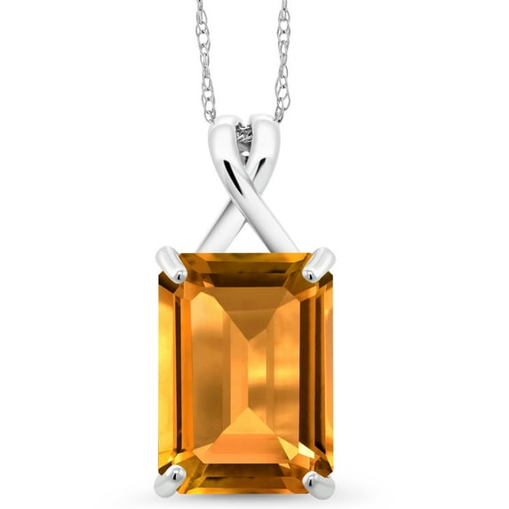 Gem Stone King 10K White Gold Yellow Citrine Pendant Necklace for Women (8.20 Cttw, Gemstone November Birthstone, Emerald Cut 14x10MM, with 18 inch Chain)