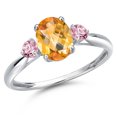 thumbnail image 1 of Gem Stone King 10K White Gold Yellow Citrine and Pink Lab Grown Diamond 3-Stone Ring for Women | 1.51 Cttw | Oval Checkerboard 8X6MM | Gemstone November Birthstone | Size 7, 1 of 6