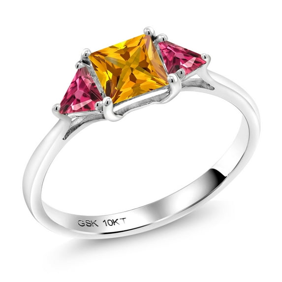Gem Stone King 10K White Gold Yellow Citrine and Pink Tourmaline 3-Stone Engagement Ring for Women | 0.92 Cttw | Princess Center 5MM | Trillion 3.5MM | Three Stone Wedding Anniversary Ring | Size 6