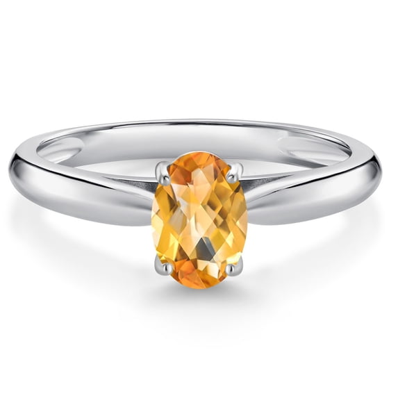Gem Stone King 10K White Gold Yellow Citrine Solitaire Engagement Ring for Women (0.73 Cttw, Oval Checkerboard 7X5MM, Gemstone November Birthstone, Size 5)