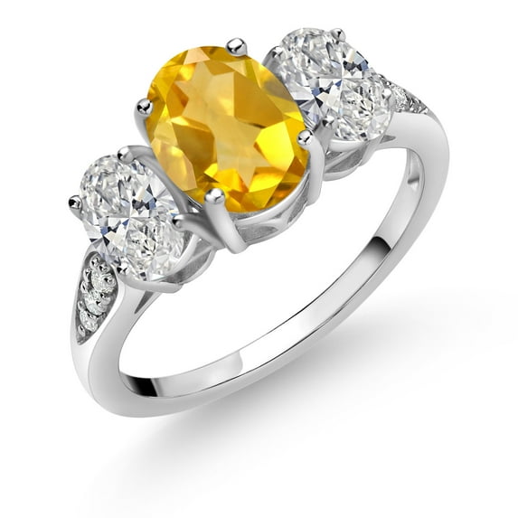 Gem Stone King 10K White Gold Yellow Citrine, White Lab Grown Diamond Engagement Ring for Women | 2.14 Cttw | Oval 8X6MM | Gemstone November Birthstone | Size 7