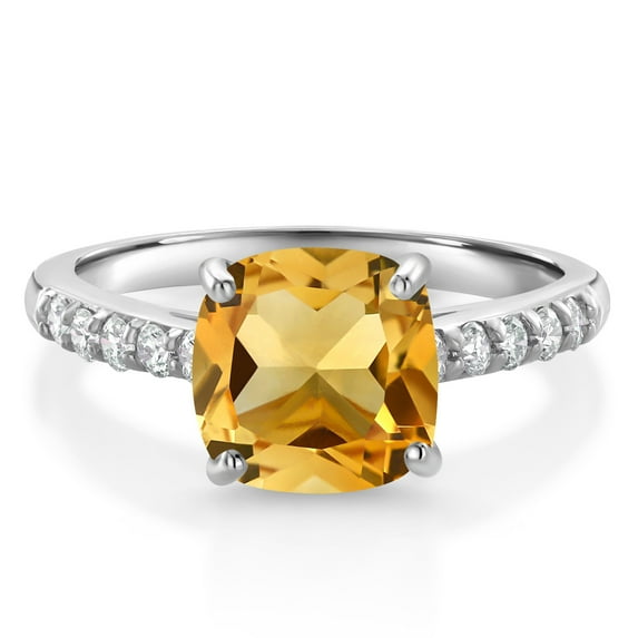 Gem Stone King 10K White Gold Yellow Citrine and White Lab Grown Diamond Engagement Ring for Women (2.20 Cttw, Cushion 8MM, Gemstone November Birthstone, Size 9)