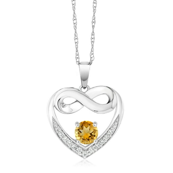 Gem Stone King 10K White Gold Yellow Citrine and White Lab Grown Diamond Heart and Infinity Pendant Necklace for Women (1.14 Cttw, Round 5MM, with 18 inch Silver Chain)