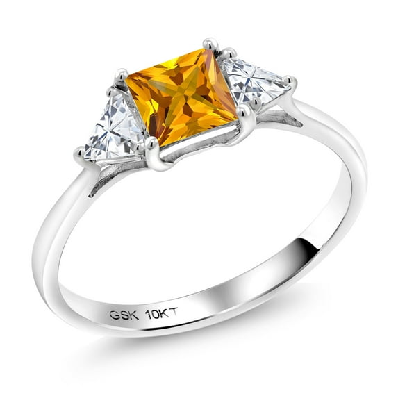 Gem Stone King 10K White Gold Yellow Citrine and White Moissanite 3 Stone Engagement Ring for Women (0.92 Cttw, November Birthstone, Princess Center 5MM, Trillion 3.5MM, Size 9)