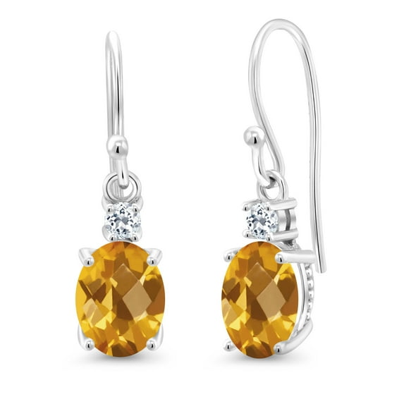 Gem Stone King 10K White Gold Yellow Citrine and White Topaz Dangle Earrings for Women (2.66 Cttw, Gemstone Birthstone, Oval 8x6mm)