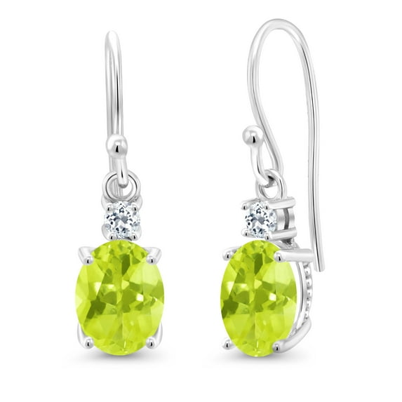 Gem Stone King 10K White Gold Yellow Lemon Quartz and White Topaz Dangle Earrings for Women (2.36 Cttw, Gemstone Birthstone, Oval 8x6mm)