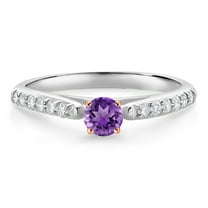 Gem Stone King 10K White and Rose Gold Purple Amethyst and White Lab Grown Diamond Engagement Ring for Women (0.34 Cttw, Gemstone February Birthstone, Round 3.5MM, Size 6)