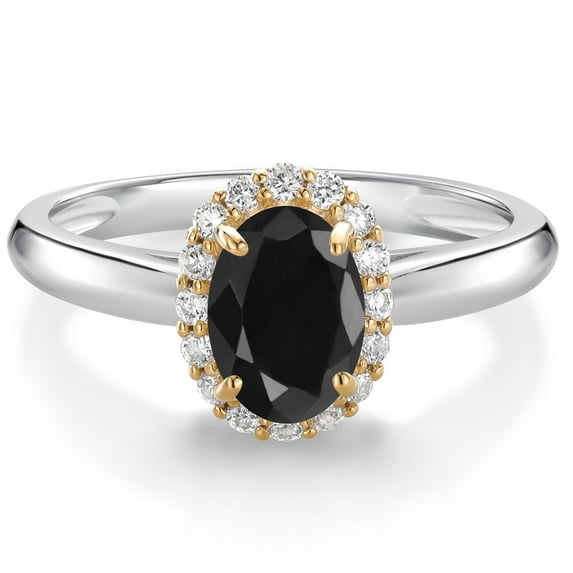 Gem Stone King 10K White and Yellow Gold Black Sapphire and White Lab Grown Diamond Halo Engagement Ring for Women (1.23 Cttw, Gemstone September Birthstone, Oval 7X5MM)