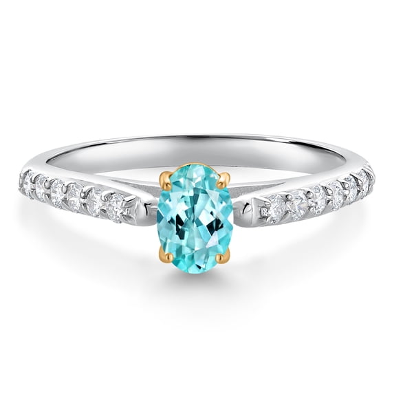 Gem Stone King 10K White and Yellow Gold Blue Apatite and White Lab Grown Diamond Engagement Ring for Women (0.70 Cttw, Oval 6X4MM, Gemstone Birthstone, Size 6)