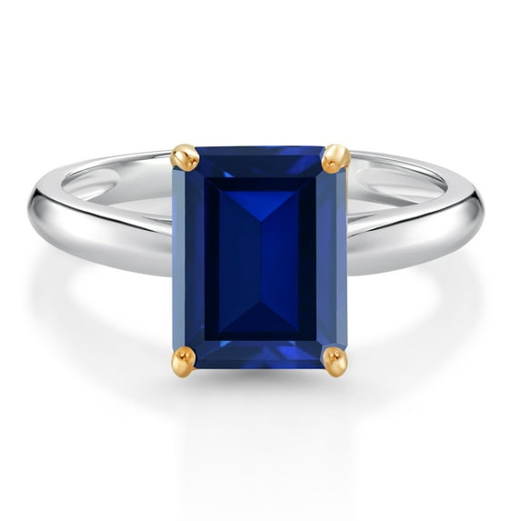 Gem Stone King 10K White and Yellow Gold Blue Created Sapphire Engagement Ring for Women (2.70 Cttw, Octagon 9X7MM, Gemstone September Birthstone, Available in Size 5, 6, 7, 8, 9)