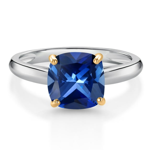 Gem Stone King 10K White and Yellow Gold Blue Created Sapphire Solitaire Engagement Ring for Women (2.50 Cttw, Cushion 8MM, Gemstone September Birthstone, Available in Size 5, 6, 7, 8, 9)