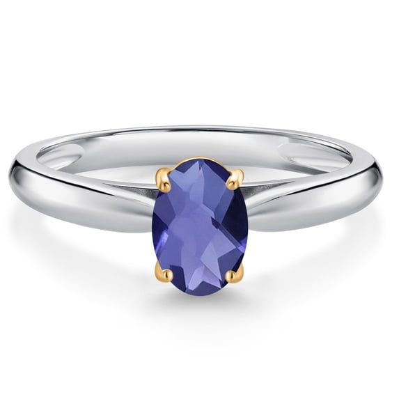 Gem Stone King 10K White and Yellow Gold Blue Iolite Solitaire Engagement Ring for Women (0.65 Cttw, Oval Checkerboard 7X5MM, Gemstone Birthstone, Size 5)