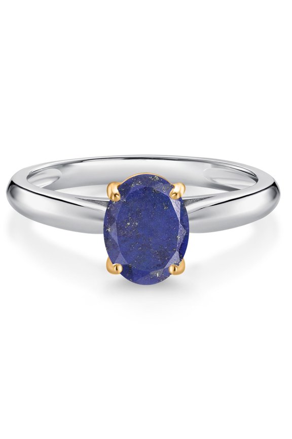 10K White and Yellow Gold Blue Lapis Solitaire Engagement Ring for Women (1.40 Cttw, Oval 8X6MM, Gemstone Birthstone, Available in Size 5, 6, 7, 8, 9)