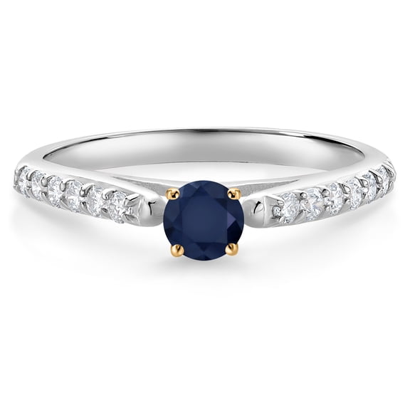 Gem Stone King 10K White and Yellow Gold Blue Sapphire and White Lab Grown Diamond Engagement Ring for Women (0.40 Cttw, Gemstone September Birthstone, Round 3.5MM, Size 9)