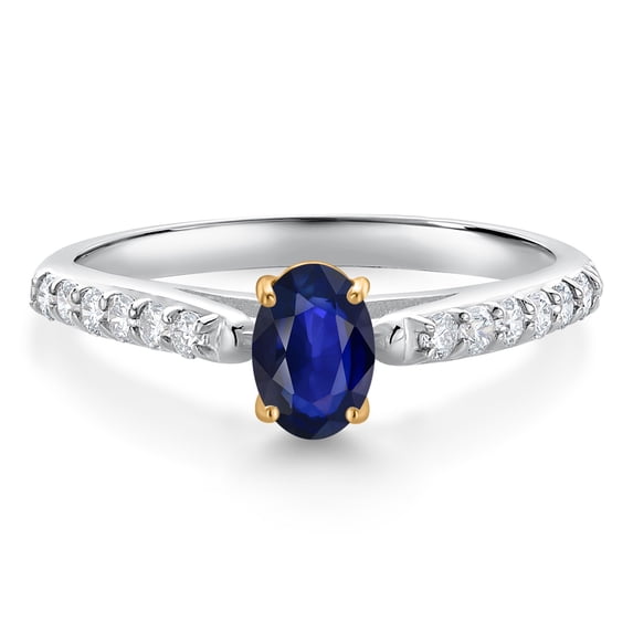 Gem Stone King 10K White and Yellow Gold Blue Sapphire and White Lab Grown Diamond Engagement Ring for Women (0.73 Cttw, Oval 6X4MM, Gemstone September Birthstone, Size 9)