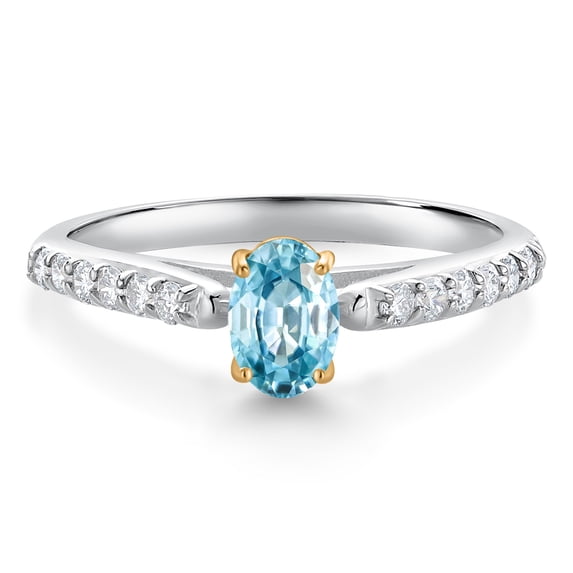 Gem Stone King 10K White and Yellow Gold Blue Zircon and White Lab Grown Diamond Engagement Ring for Women (0.83 Cttw, Oval 6X4MM, Gemstone December Birthstone, Size 7)